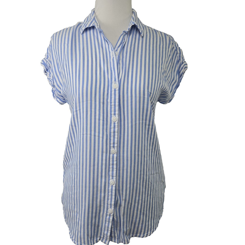 Beach Lunch Lounge Collection XS Blue & White Stripe Collard Button Up Woven Top